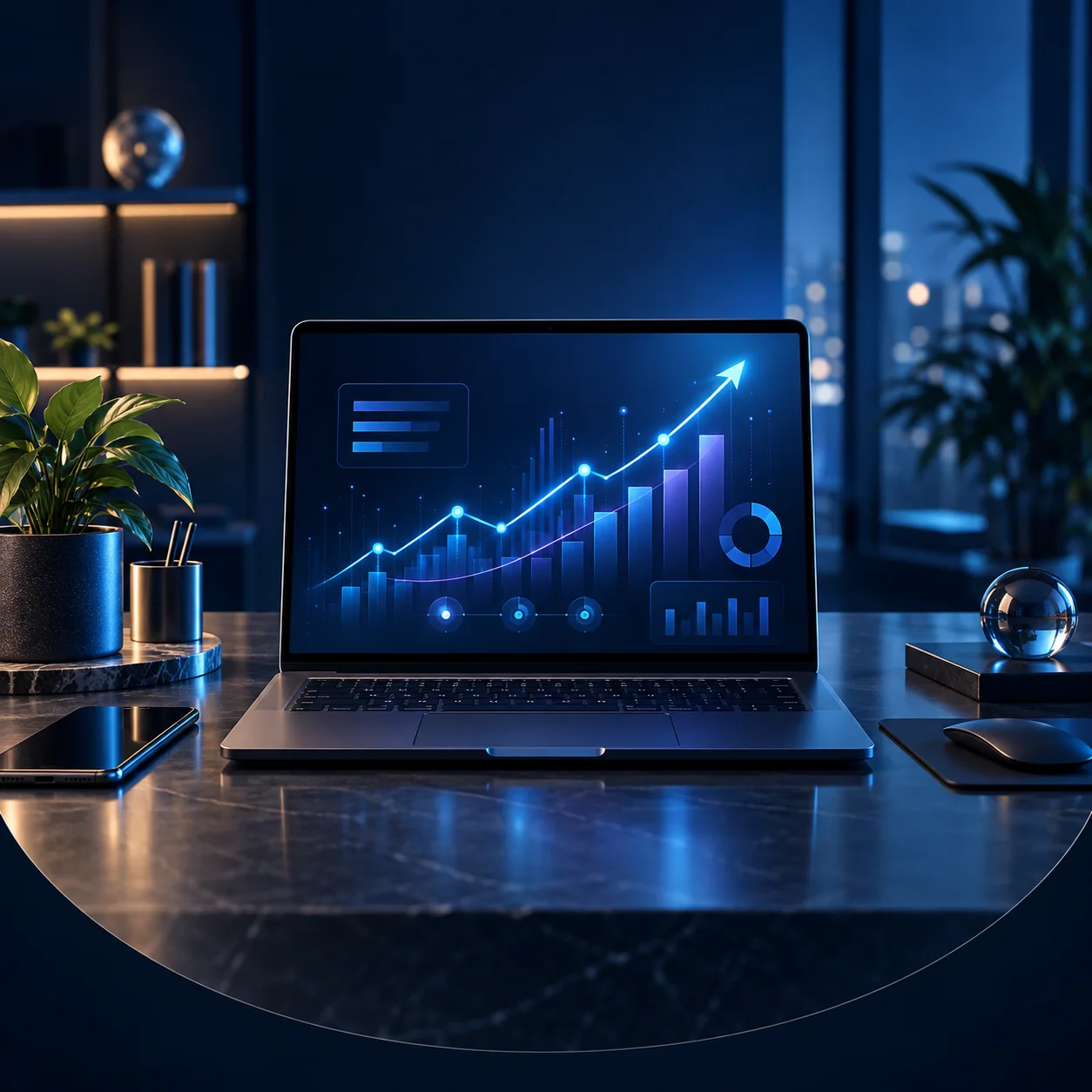 Laptop displaying digital marketing analytics and an upward performance graph